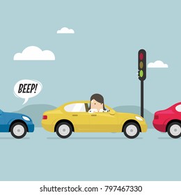 Businesswoman on the road with traffic jam, Green traffic light, honk a horn. vector