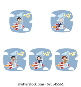 businesswoman on rocket chasing flying coins different race set