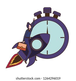 businesswoman on rocket and clock avatar character