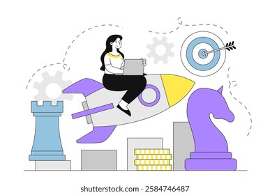 Businesswoman on a rocket with laptop, surrounded by strategy icons like chess pieces, target, and gears, symbolizing business growth and success