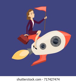 Businesswoman on a rocket with red flag in space.
