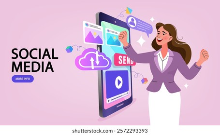 Businesswoman  on screen social media or network promotion. influencer marketing concept - blogger promotion services and goods for his followers online. Flat vector outline illustration.