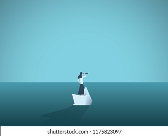 Businesswoman on a sinking ship, paper boat. Symbol of bankruptcy, failure but also new beginning, overcoming challenge. Eps10 vector illustration.