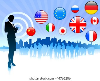 Businesswoman on Skyline Background with Internet Flag Buttons Original Vector Illustration