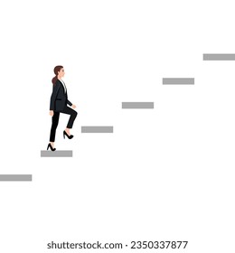 Mujer de negocios en las escaleras. Concepto de éxito. Ilustración vectorial plana aislada en fondo blanco