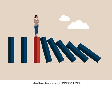 Businesswoman on standing domino chart, eliminate distraction. Flat vector illustration. 