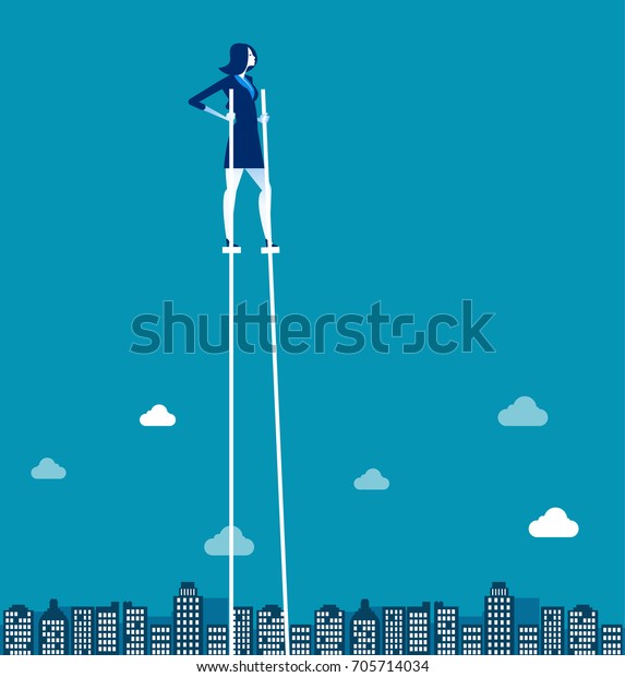 Businesswoman on stilts walking above city.\
Concept business vector\
illustration.