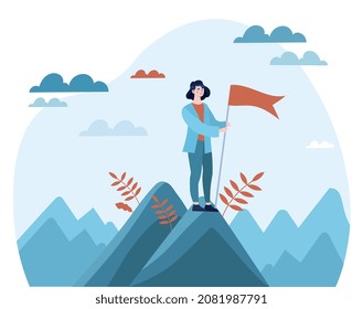 Businesswoman on top. Girl sets flag on mountain. Character reinforces his success, metaphor for achieving goal. Entrepreneur coped with tasks, ambition concept. Cartoon flat vector illustration