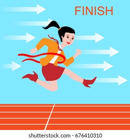 Businesswoman on a treadmill with a ribbon. Winner. Achieving the goal.