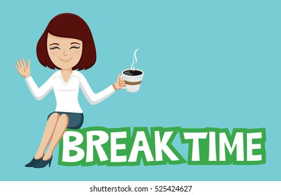 Businesswoman on word break time, vector illustration cartoon