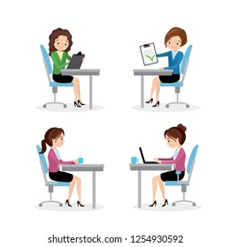 Businesswoman on workplace,caucasian girls in different poses - front and profile views,isolated on white background,flat vector illustration