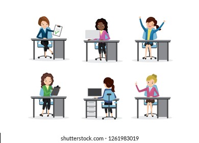 Businesswoman on workplace,successful female characters in different poses - front and back views,isolated on white background,flat vector illustration
