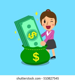 Businesswoman open a bag that has big money stack