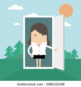 Businesswoman open the door from office to nature. vector