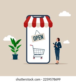 Businesswoman the open sign on mobile website online store waiting to buy retail products. Open online shop or store website for e-commerce.  Modern vector illustration in flat style