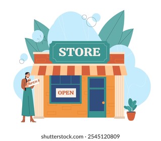 Businesswoman open store. Woman near shop building with open sign. Retail place and commerce. Small business owner. Poster or banner. Flat vector illustration isolated on white background