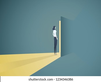 Businesswoman opening door vector concept. Symbol of new career, opportunities, business ventures and challenges. Eps10 vector illustration.