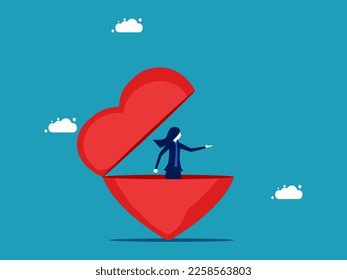 Businesswoman opens a red heart. Open your mind to business. finance and investment 