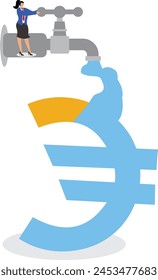 Businesswoman opens water tap and fills euro symbol with water, economic bubble, inflation svg