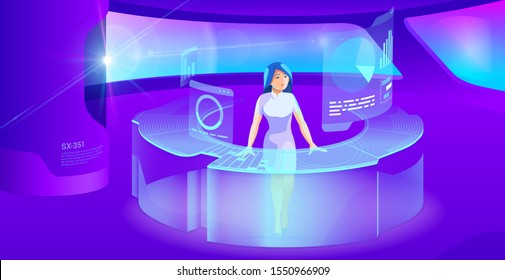 Businesswoman operates interface on table in Futuristic interior Ultraviolet Vector illustration. Future technology concept.