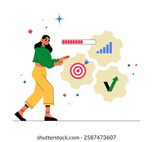 Businesswoman Optimizing Workflow In Flat Vector Illustration Symbolizing Efficiency, Goal Achievement, And Performance, Isolated On White Background