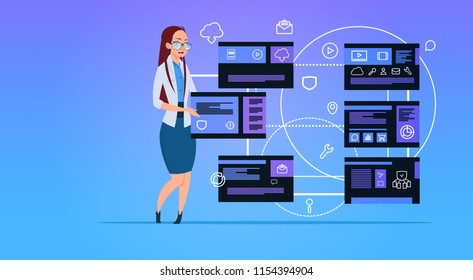 businesswoman over data privacy computing center with hosting servers infographic, network and database, internet center, communication support, flat design, banner vector illustration