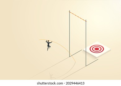 Businesswoman overcomes challenges by pole vaulting to reach her goals or achievements, career advancement, motivation and ambition. Vector illustration.