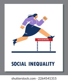 Businesswoman overcoming obstacle in career competition, poster template - flat vector illustration. Social inequality concept. Woman running to succeed in job or work.