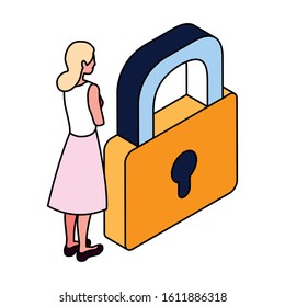 businesswoman with padlock on white background vector illustration design