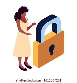 businesswoman with padlock on white background vector illustration design