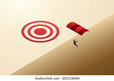 Businesswoman with a parachute jumps into a large gap. 
Concept misses the goal setting wrong focus. Isometric illustration vector.