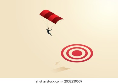 Businesswoman with parachute makes a jump landing on target, success, goals challenge. Vector illustration.