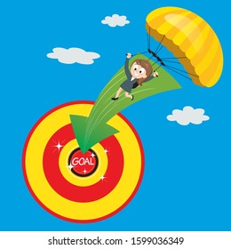 Businesswoman parachute on the top goal target success, illustration vector cartoon