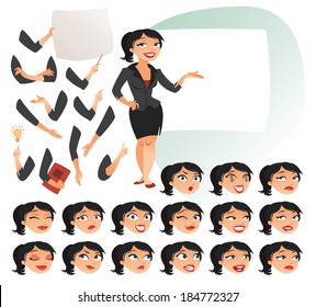 Businesswoman. Parts of body template for design work and animation. Face and body elements. Funny cartoon character. Vector illustration. Isolated on white background. Set