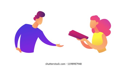 Businesswoman passing folder with documents to businessman vector illustration.