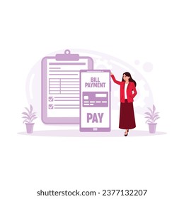 Businesswoman pay the electricity bill online. Utility Bills concept. Trend Modern vector flat illustration