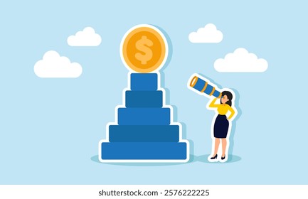 A businesswoman peers at a dollar coin atop a stack of blocks, illustration of observing and analyzing business financial performance