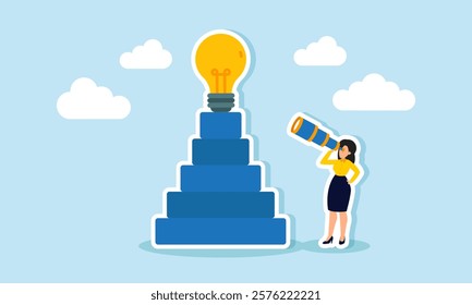 A businesswoman peers at a lit lamp atop a stack of blocks, illustration of observing and analyzing opportunities for implementing business ideas and innovations