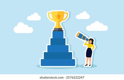 A businesswoman peers at a trophy atop a stack of blocks, illustration of observing and analyzing opportunities to achieve business awards