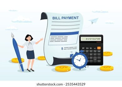 Businesswoman with pencil and bill payment document and alarm clock, bill payment, expense or financial service to pay for transaction, credit card payment or shopping cost concept