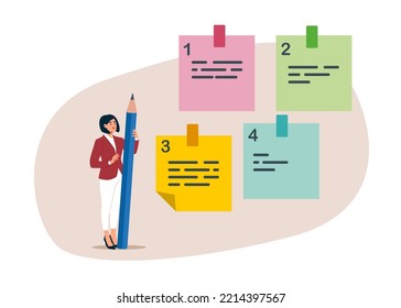 Businesswoman With Pencil Categorized Sticky Notes. Sorting Important Or Urgency Tasks, Prioritize Work For Project Management. Flat Vector Illustration.