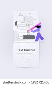 businesswoman with pencil making notes in checklist questionnaire checkbox task management concept vertical full length copy space vector illustration