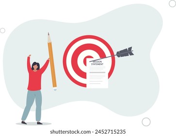 businesswoman with pencil writing mission statement.flat vector illustration.