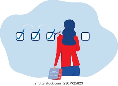 businesswoman pencil-categorized sticky notes work on completed checkbox to reach goal finished checklist,project progression progress to target concept vector