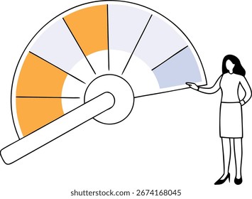 Businesswoman and performance meter gauging progress and success metrics
