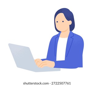 Businesswoman performing data analysis and document creation on a laptop. Female office worker sitting at a desk typing. Remote work and desk work vector illustration.