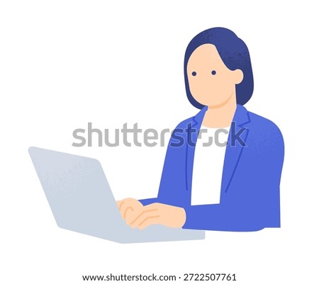 Businesswoman performing data analysis and document creation on a laptop. Female office worker sitting at a desk typing. Remote work and desk work vector illustration.