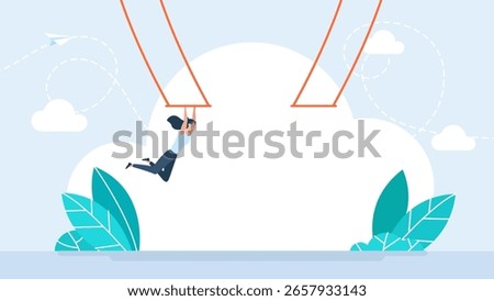 A businesswoman performs a difficult task. Jumping from one trapeze to another. Female acrobat performs on trapeze. Brave and agile. Circus show event entertainment. Vector illustration