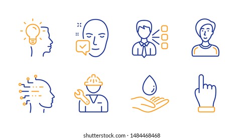 Businesswoman person, Repairman and Idea line icons set. Face accepted, Water care and Third party signs. Artificial intelligence, Click hand symbols. Female user, Repair service. People set. Vector