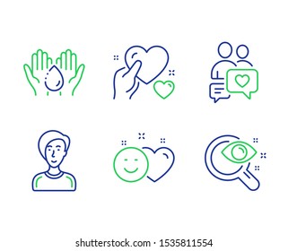 Businesswoman person, Smile and Wash hands line icons set. Dating chat, Hold heart and Vision test signs. Female user, Social media like, Skin care. People love. People set. Vector